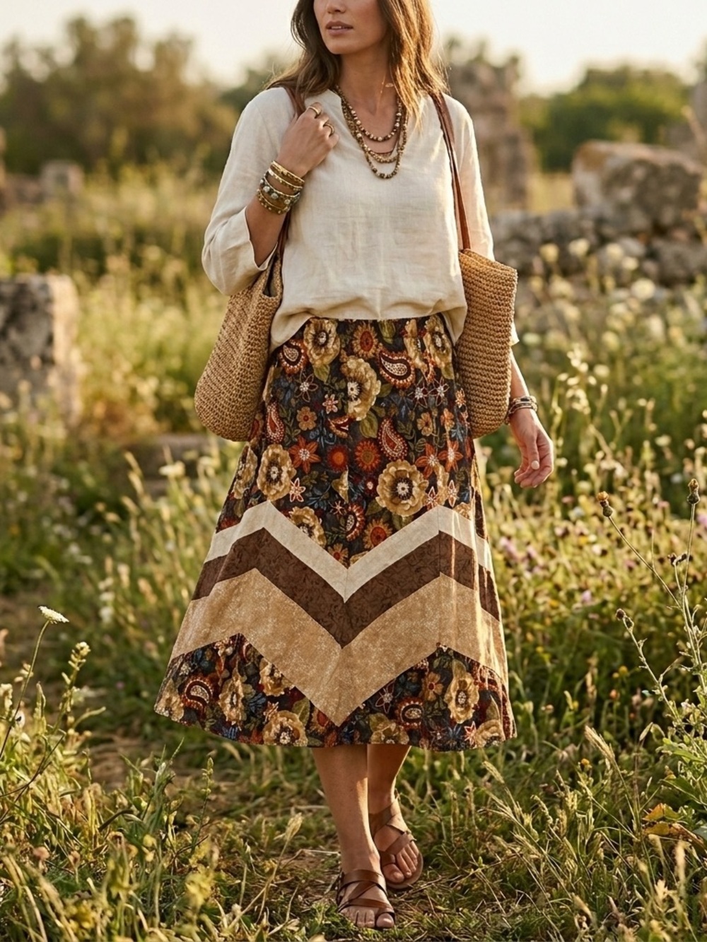 Homemade Patchwork Size L Floral Boho Brown Knee Length Asymmetric Skirt